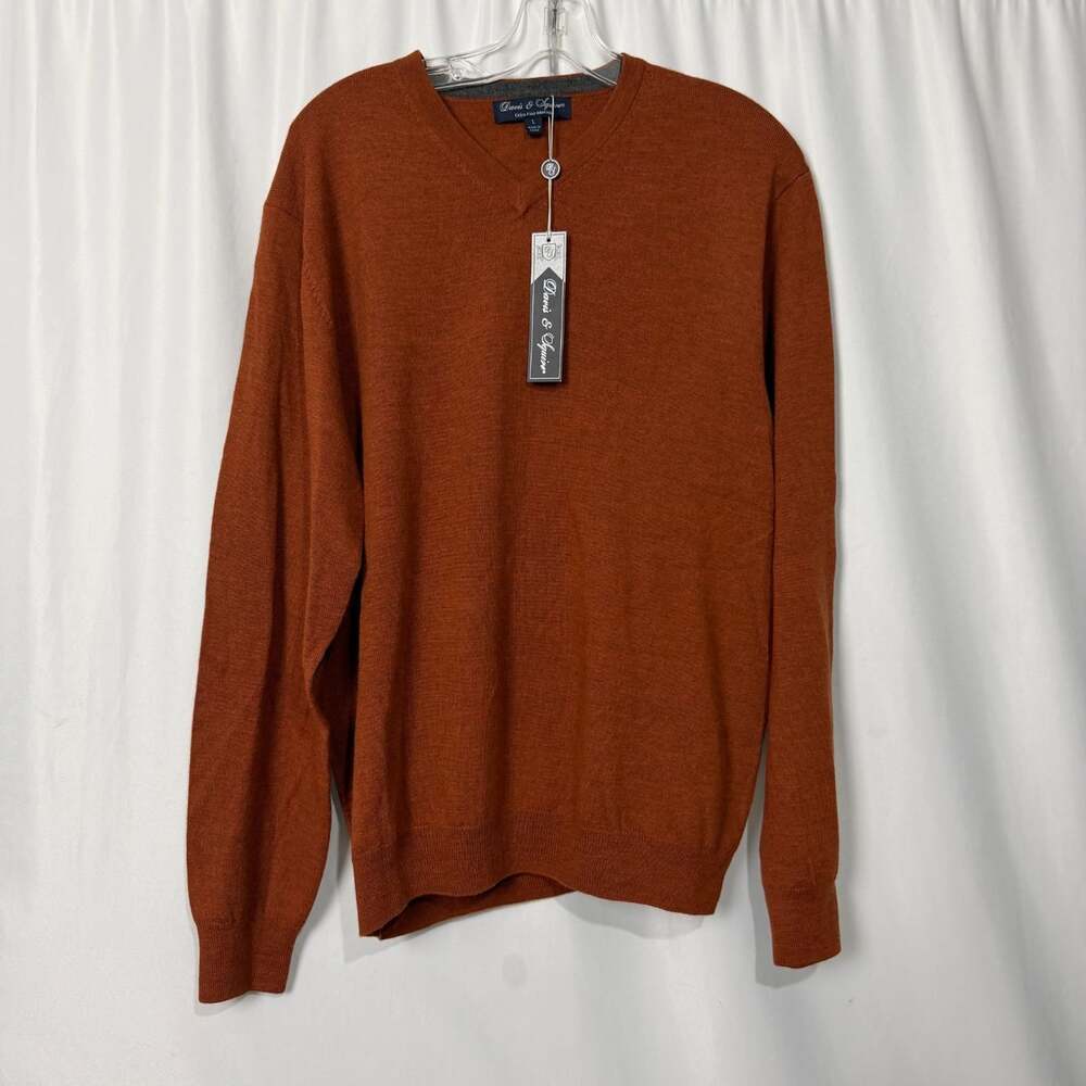 NWT Davis Squire Mens Sweater Large Orange Merino Wool V Neck Knit Pullover